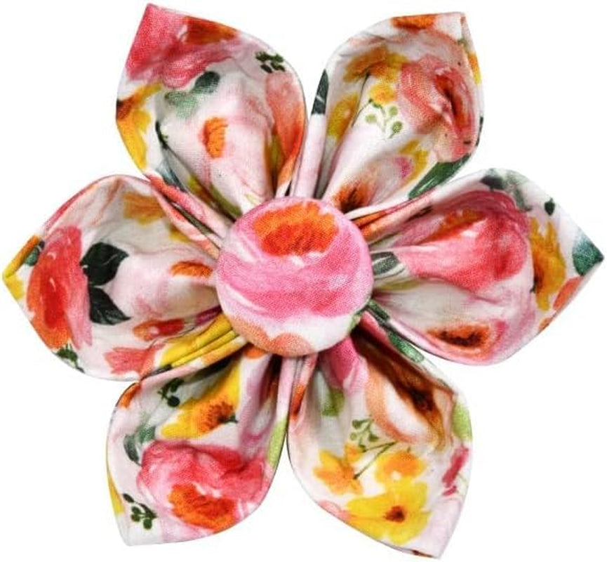 Pink Yellow Watercolour Floral Dog Collar Flowers Leash Accessory, Detachable Flower, Adjustable Collar for Small Medium Large Girl Dogs, L (14 --23 In)