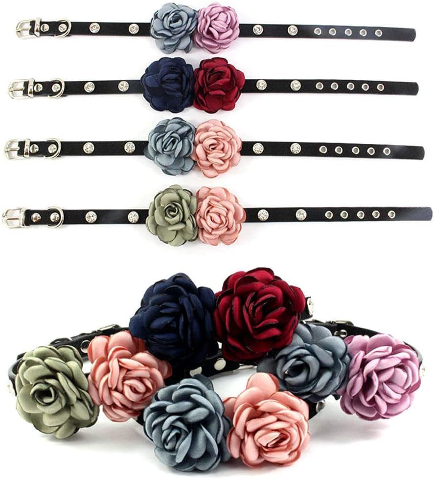 Rhinestone Flower Pet Cat Dog Collar - Bling Kitten Collar with Flower - Fancy Chihuahua Yorkie Clothes Accessory - Outfits for Small Dogs Girl Female Puppy (Blue and Red, Size S)