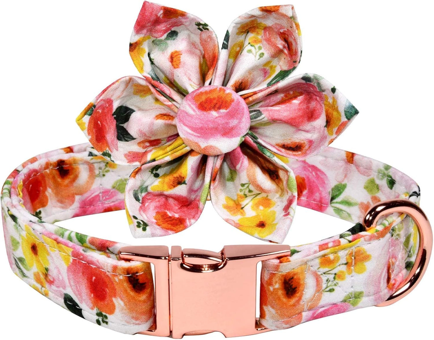 Pink Yellow Watercolour Floral Dog Collar Flowers Leash Accessory, Detachable Flower, Adjustable Collar for Small Medium Large Girl Dogs, L (14 --23 In)