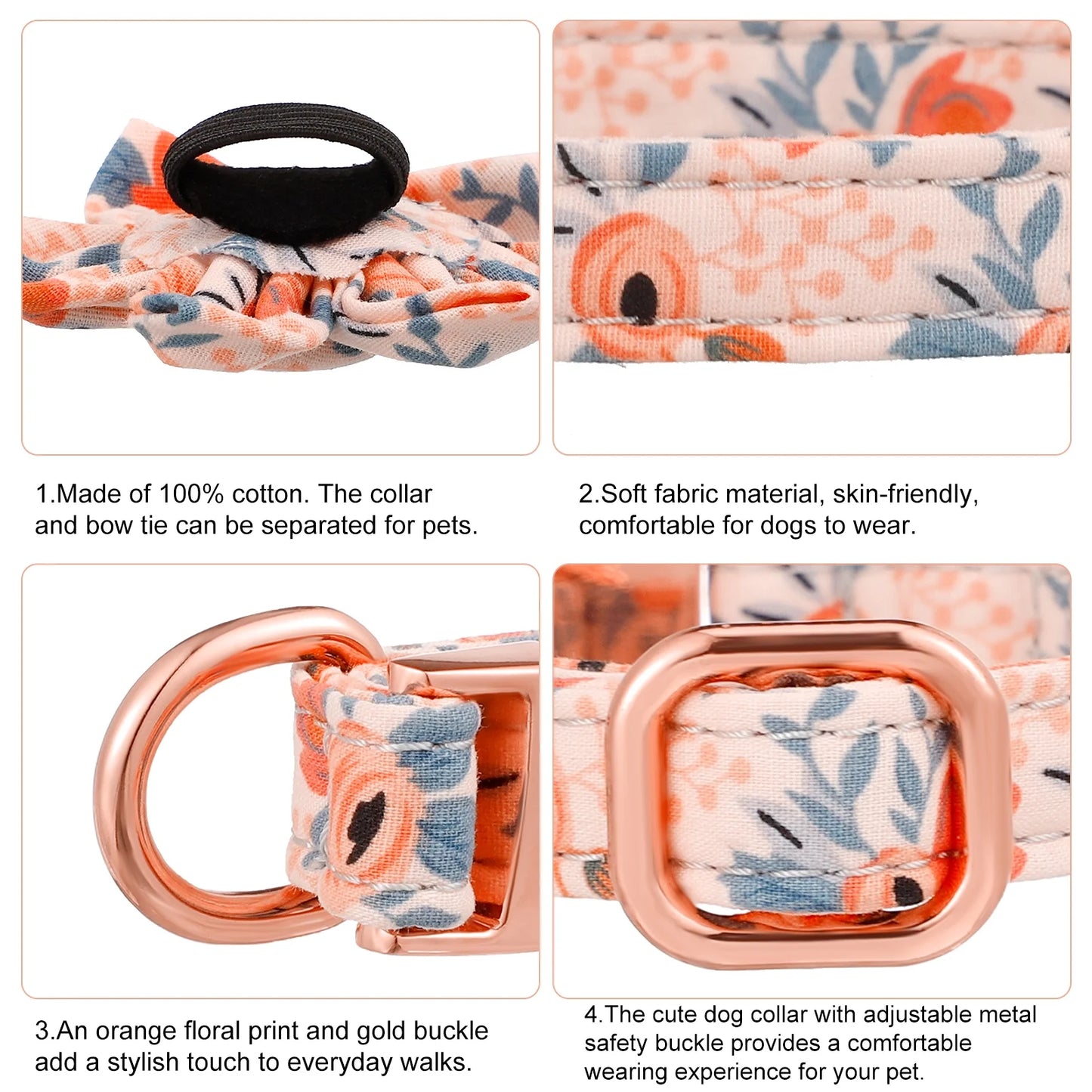4Pcs 10*16.5In Girl Puppy Collar Leash Set,Floral Leash,Bow Tie,Adjustable Metal Buckle,Flower Collar for Wedding Holiday Birthday Party(Orange-S)