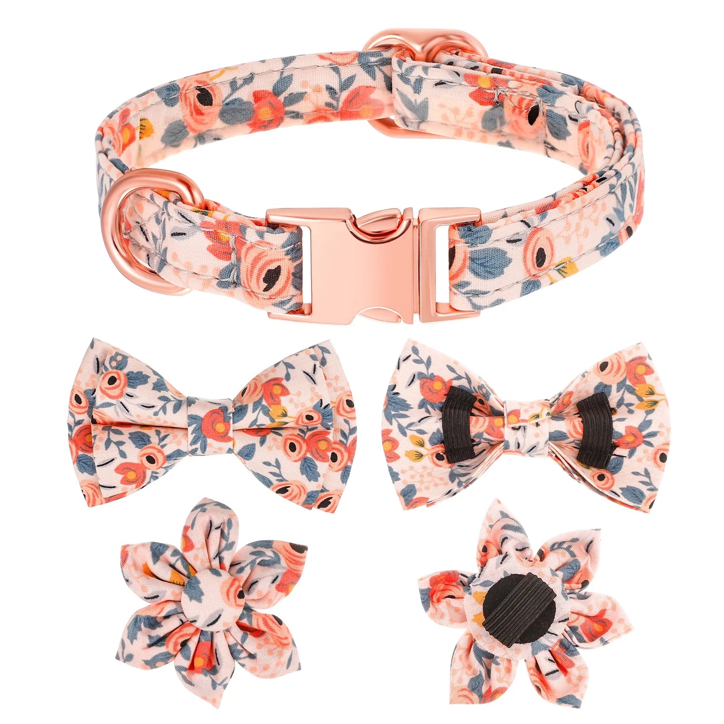 4Pcs 10*16.5In Girl Puppy Collar Leash Set,Floral Leash,Bow Tie,Adjustable Metal Buckle,Flower Collar for Wedding Holiday Birthday Party(Orange-S)