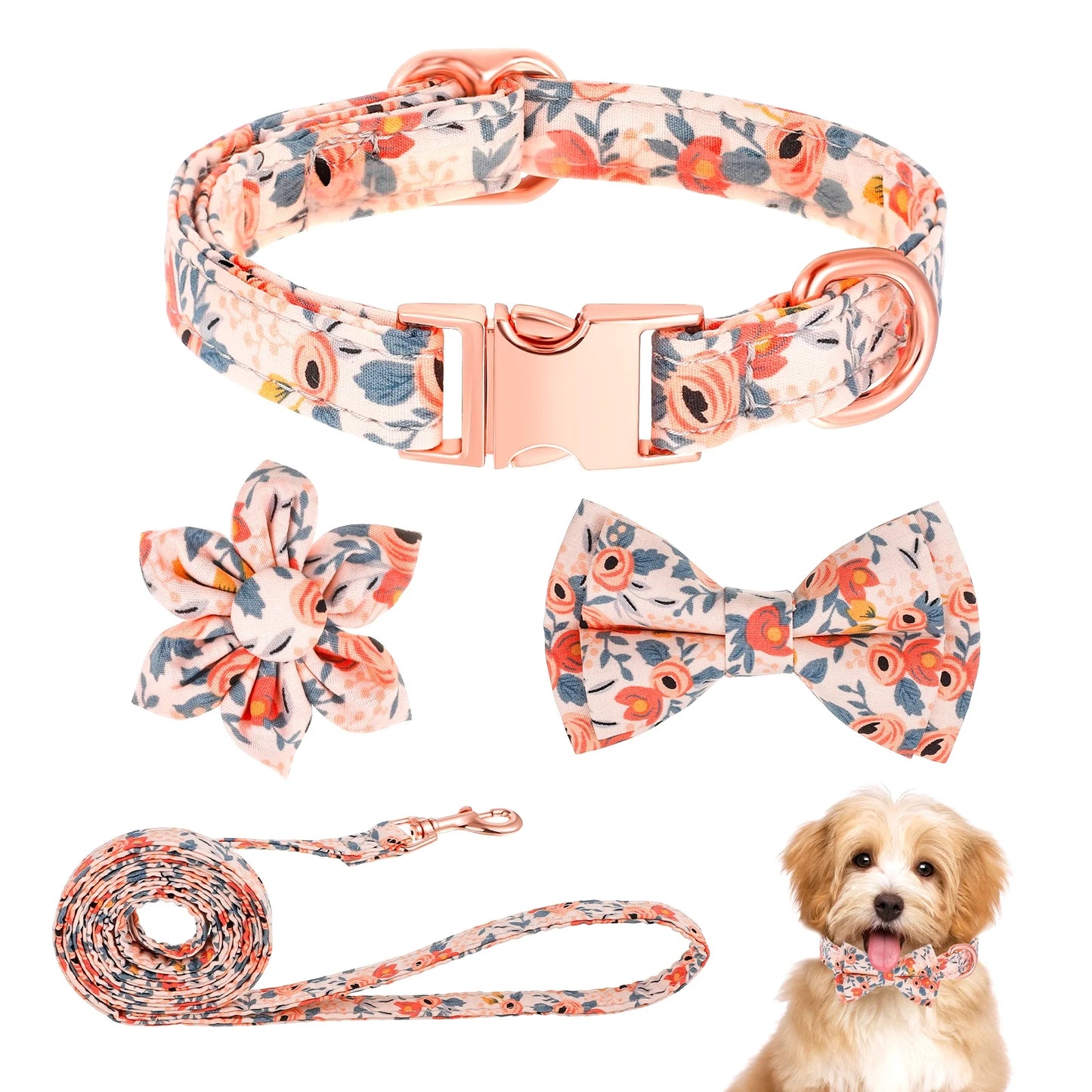 4Pcs 10*16.5In Girl Puppy Collar Leash Set,Floral Leash,Bow Tie,Adjustable Metal Buckle,Flower Collar for Wedding Holiday Birthday Party(Orange-S)