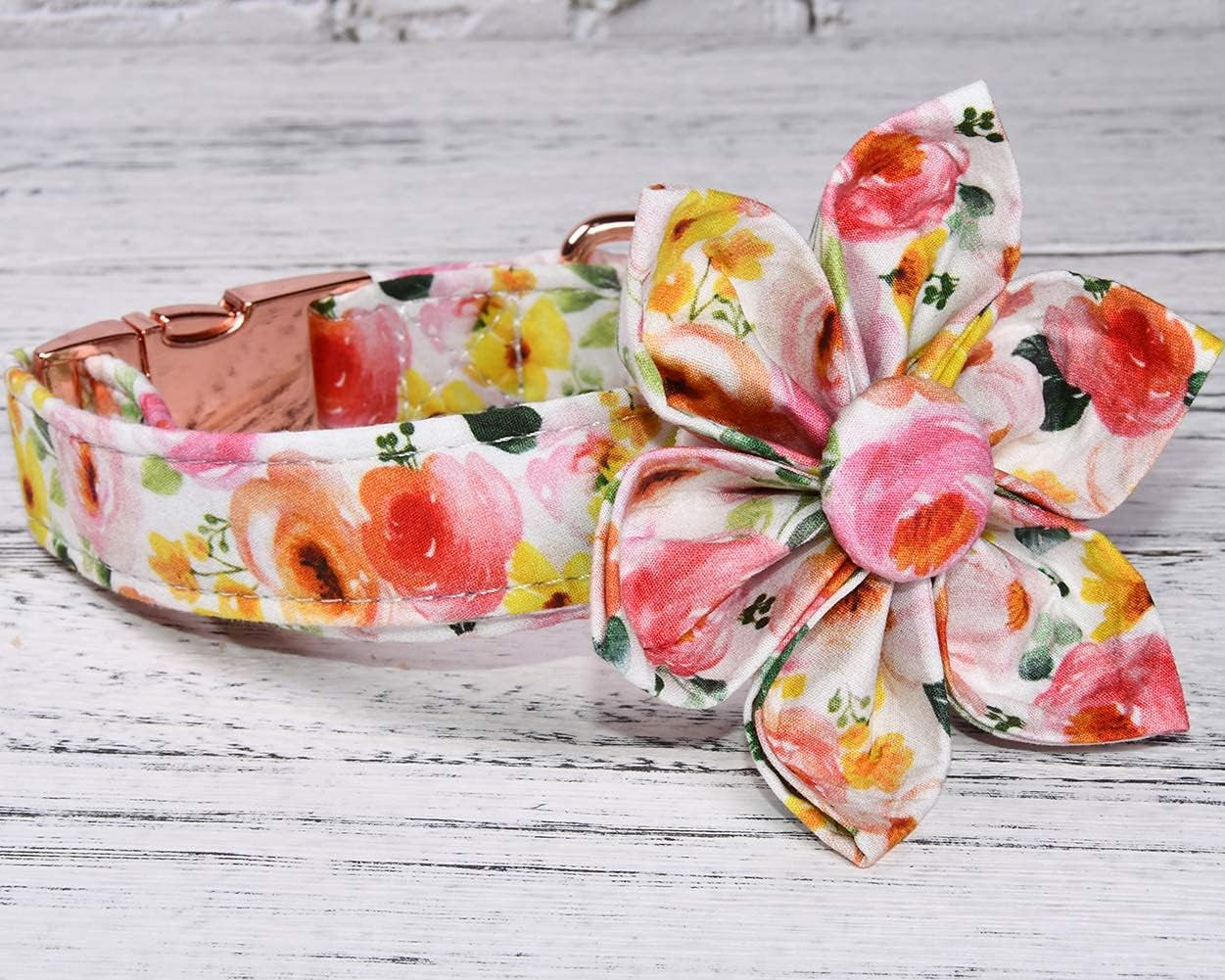 Pink Yellow Watercolour Floral Dog Collar Flowers Leash Accessory, Detachable Flower, Adjustable Collar for Small Medium Large Girl Dogs, L (14 --23 In)