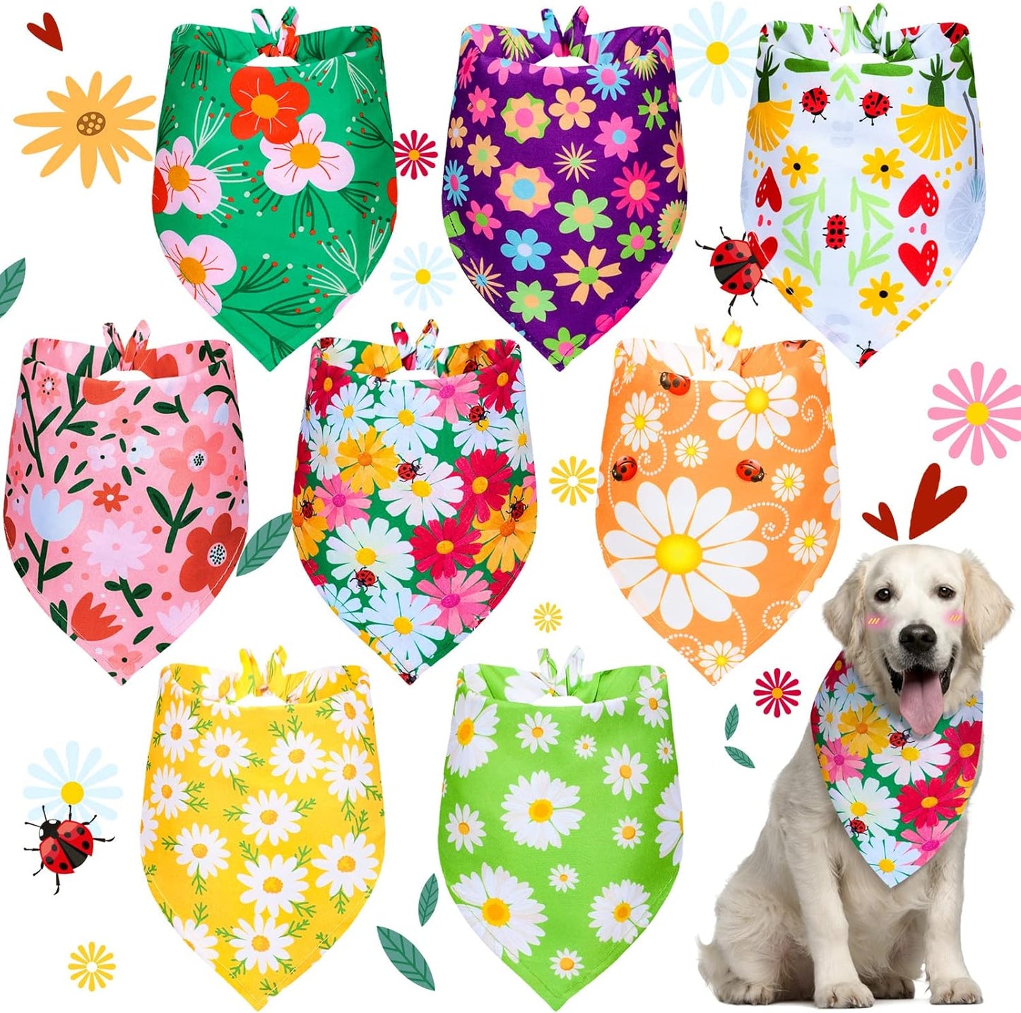 8 Pieces Dog Bandanas for Summer Flower Print Triangle Bibs Floral Puppy Scarf Kerchief Accessories for Dogs Cats Pets(L, Summer Flower)