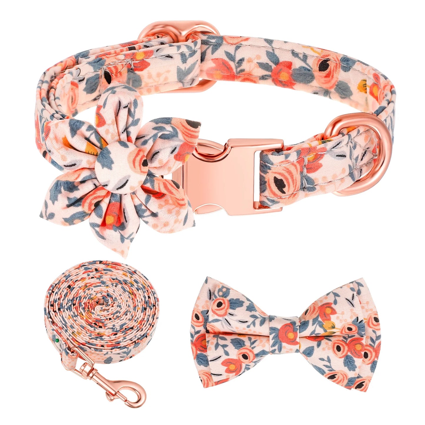 4Pcs 10*16.5In Girl Puppy Collar Leash Set,Floral Leash,Bow Tie,Adjustable Metal Buckle,Flower Collar for Wedding Holiday Birthday Party(Orange-S)