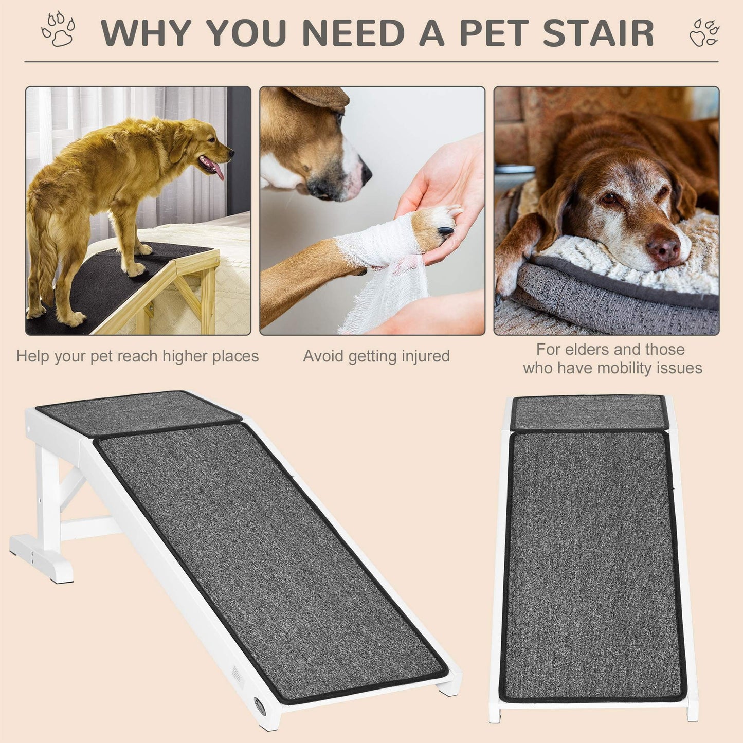 49" Pet Ramp for Dogs & Cats with Non-Slip Carpet, White
