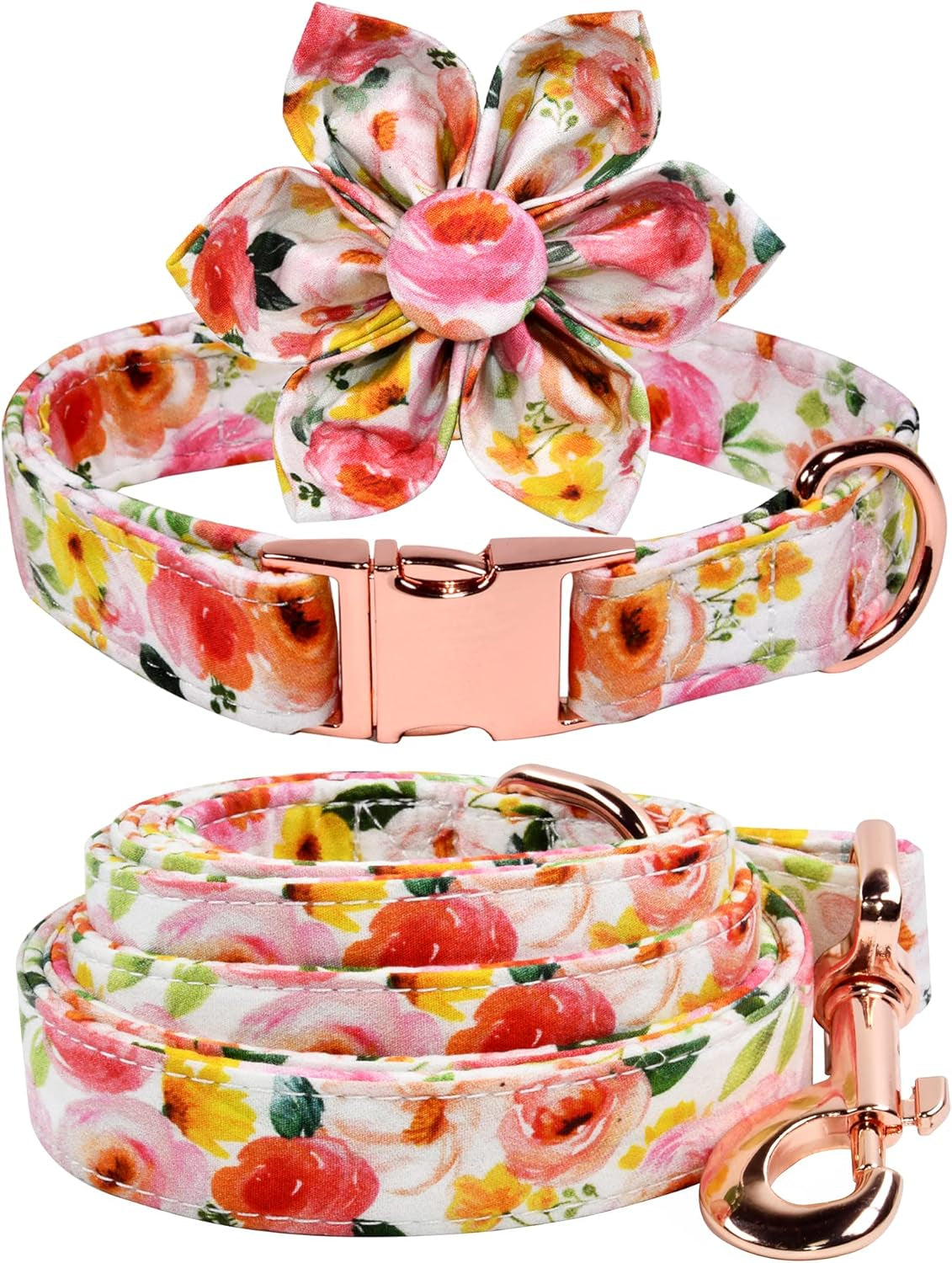 Pink Yellow Watercolour Floral Dog Collar Flowers Leash Accessory, Detachable Flower, Adjustable Collar for Small Medium Large Girl Dogs, L (14 --23 In)