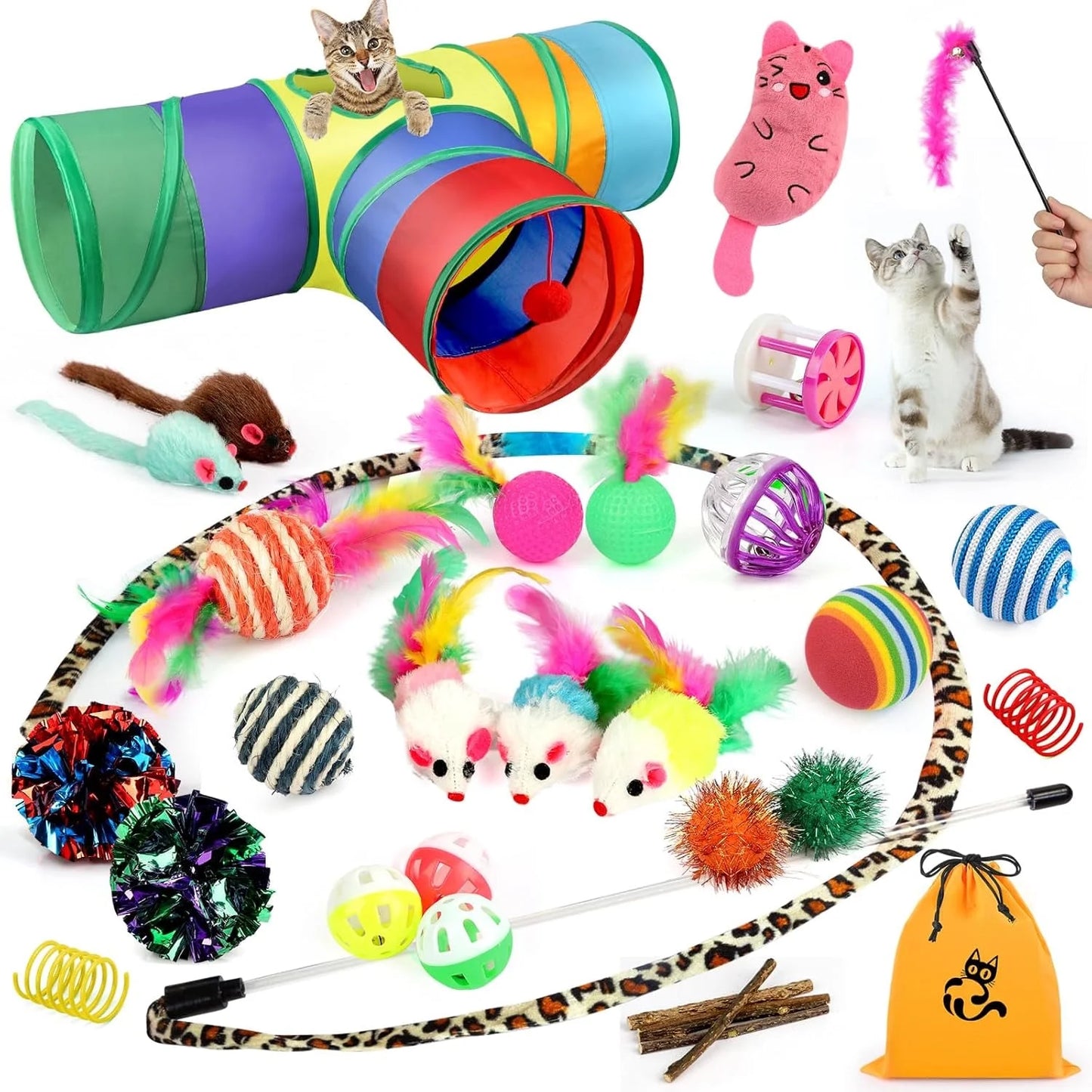 32 Pcs Cat Toys Kitten Toys, Interactive Variety Catnip Toys with Collapsible Rainbow Tunnel, Cat Feather Teaser Crinkle Balls Spring Toy for Cat, Kitty, Puppy