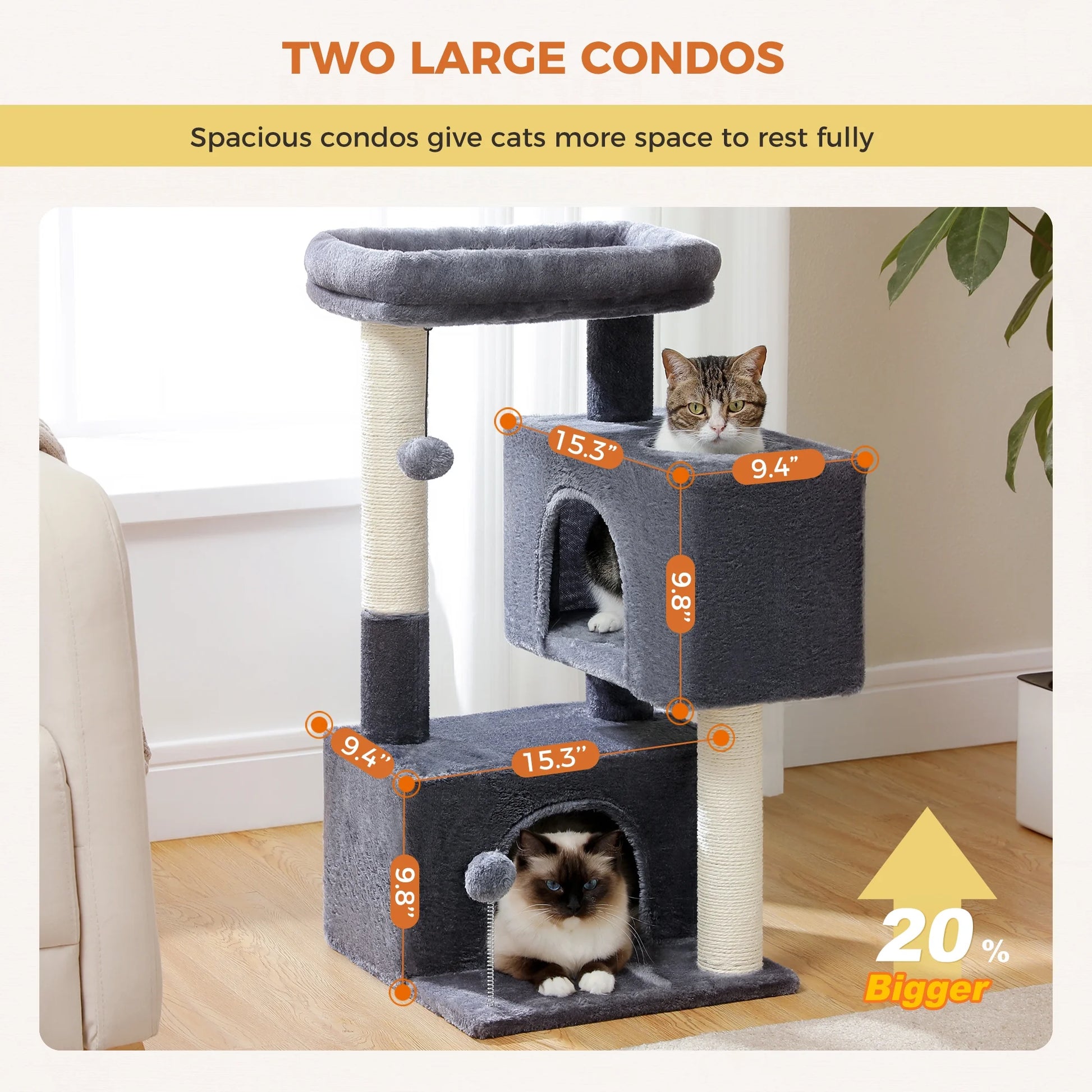 31.5" Cat Tree Cat Tower with Dual Large Condos for Kittens and Medium Size Cats, Drak Gray