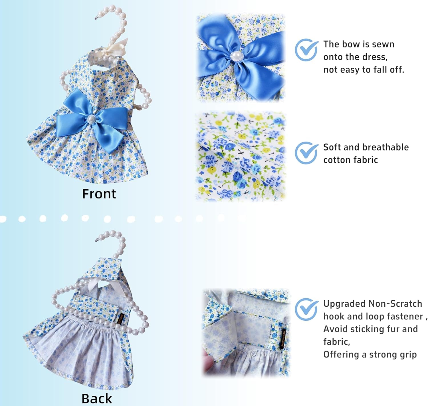 Floral Print Dog Dress with Satin Bow and Pearl for Small Dogs Girl, Cat Apparel,Blue, X-Small