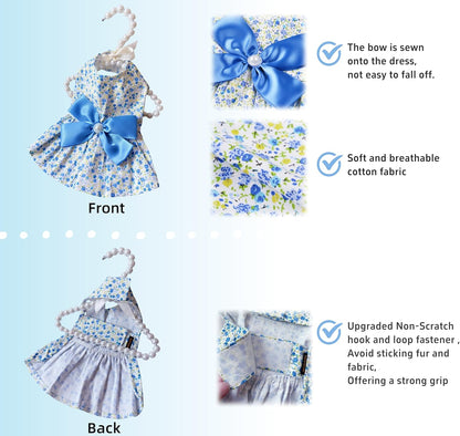 Floral Print Dog Dress with Satin Bow and Pearl for Small Dogs Girl, Cat Apparel,Blue, X-Small