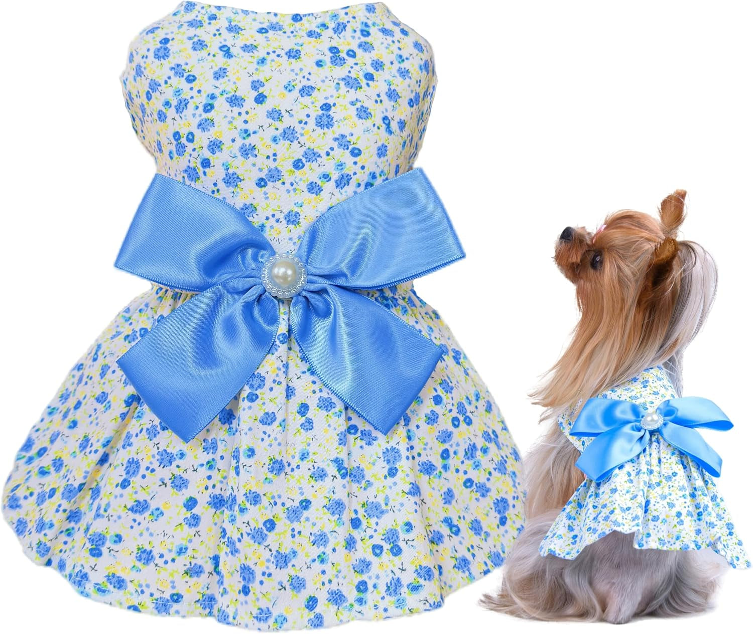 Floral Print Dog Dress with Satin Bow and Pearl for Small Dogs Girl, Cat Apparel,Blue, X-Small