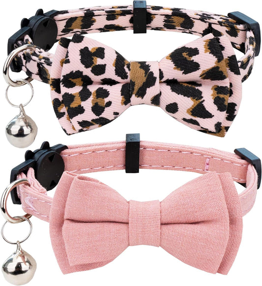 Collar for Cats Pets Breakaway with Bell Bowtie Floral Bow Detachable Adjustable Safety Puppy 2Pcs Pink Leopard & Pure