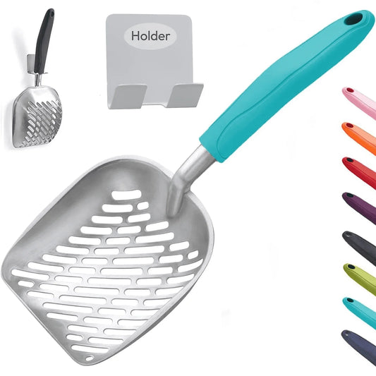 Cat Litter Scoop, Metal, Deep Shovel Poop Sifting with Long Handle, Pooper Lifter Works with All Type of Cat Litter, Metal Kitty Litter Scooper for Litter Box with Holder(Cyan)