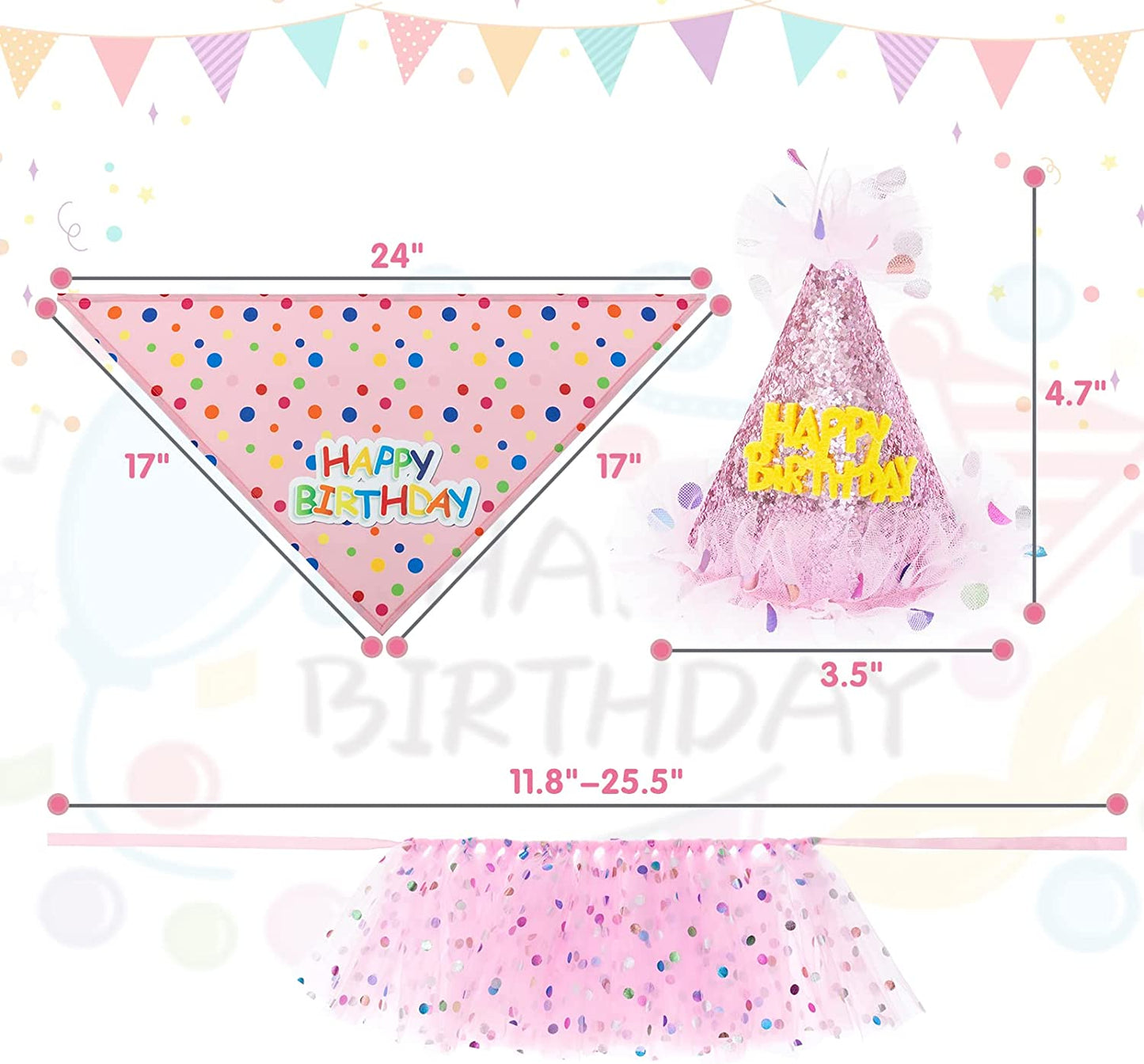 Dog Birthday Bandana with Hat and Dress Girl Set, Puppy Birthday Party Supplies, Cute Pink Tutu Skirt Outfit for Small Medium Large Dogs