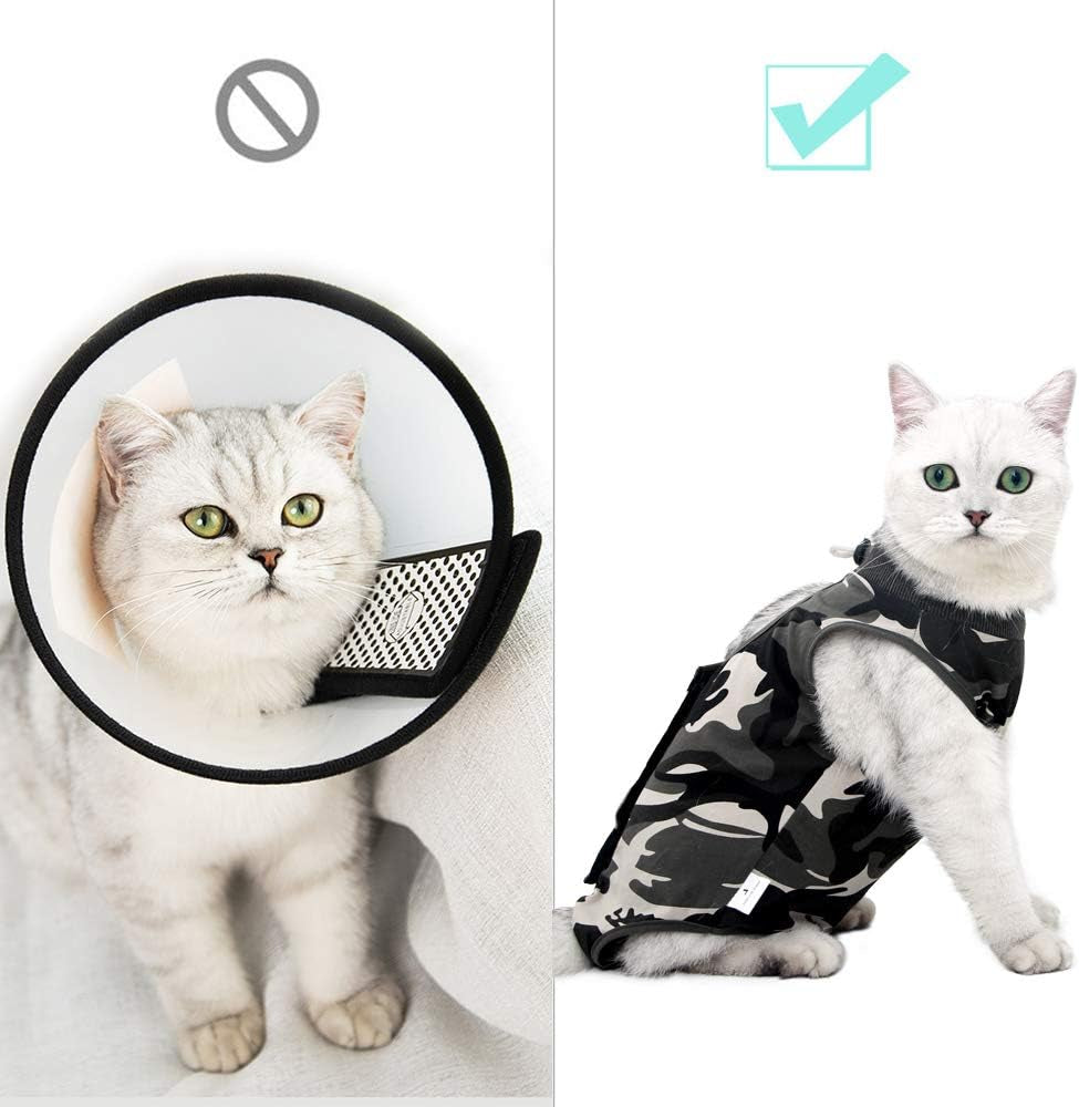 Cat Recovery Suit for Male and Female Surgical Post Surgery Soft Cone Onesie Shirt Clothes Neuter Licking Protective Diapers Outfit Cover Kitten Spay Collar(S, Camouflage)