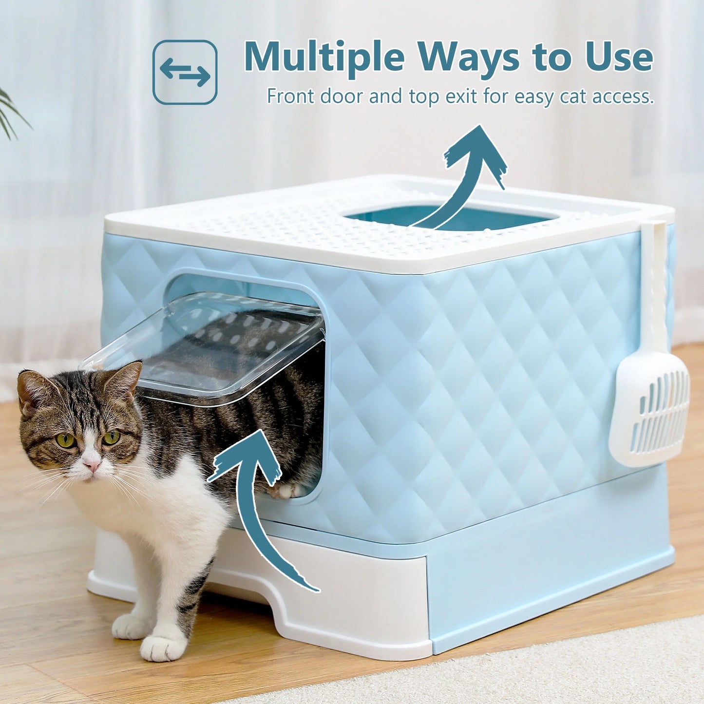 Covered Cat Litter Box Large Cat Toilet Box Drawer Type Easy to Clean,Blue