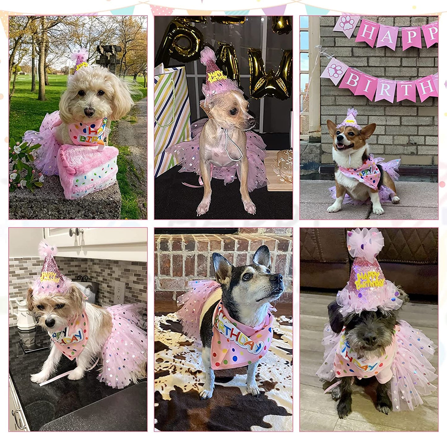 Dog Birthday Bandana with Hat and Dress Girl Set, Puppy Birthday Party Supplies, Cute Pink Tutu Skirt Outfit for Small Medium Large Dogs