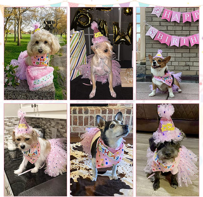 Dog Birthday Bandana with Hat and Dress Girl Set, Puppy Birthday Party Supplies, Cute Pink Tutu Skirt Outfit for Small Medium Large Dogs