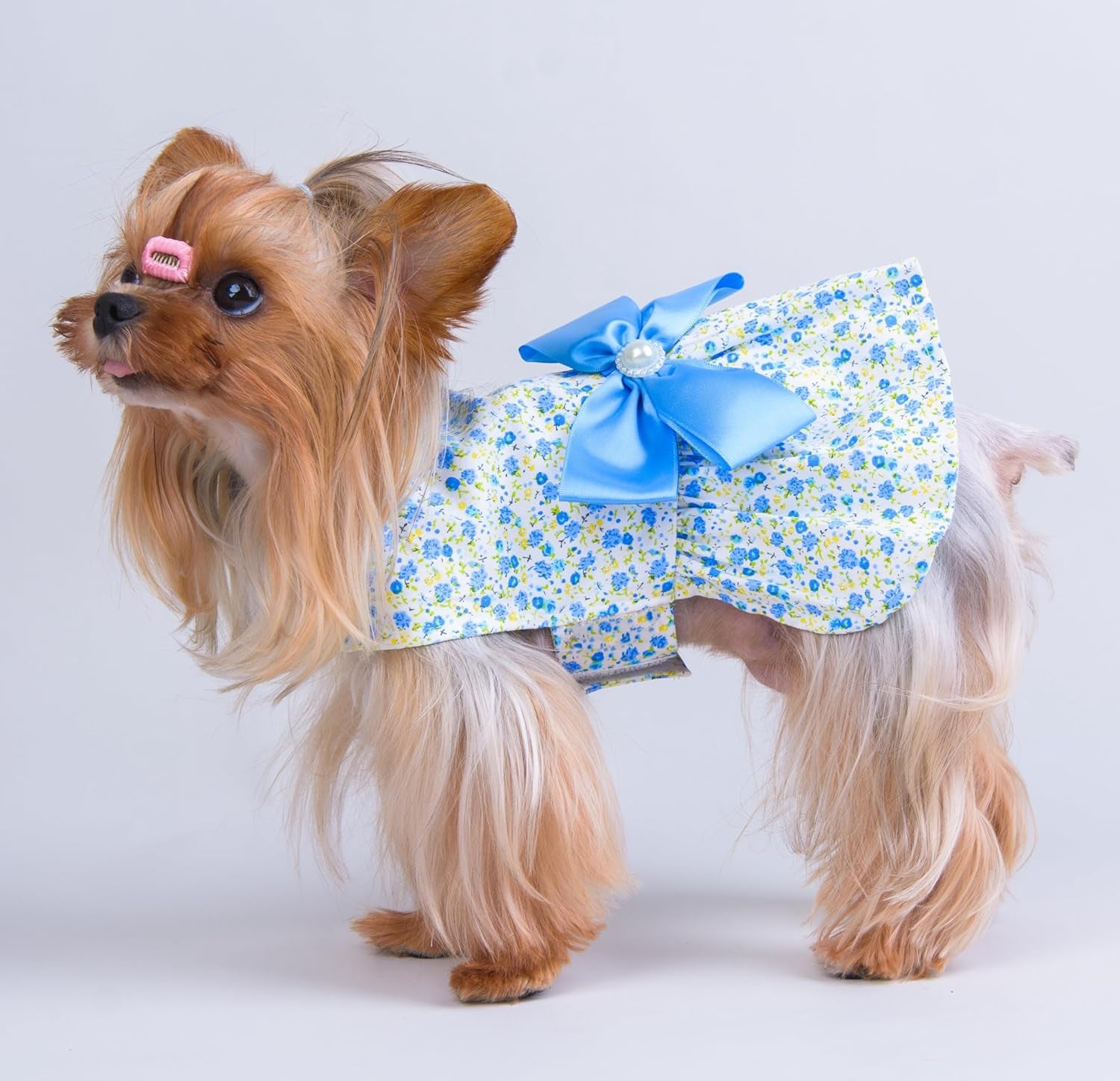 Floral Print Dog Dress with Satin Bow and Pearl for Small Dogs Girl, Cat Apparel,Blue, X-Small