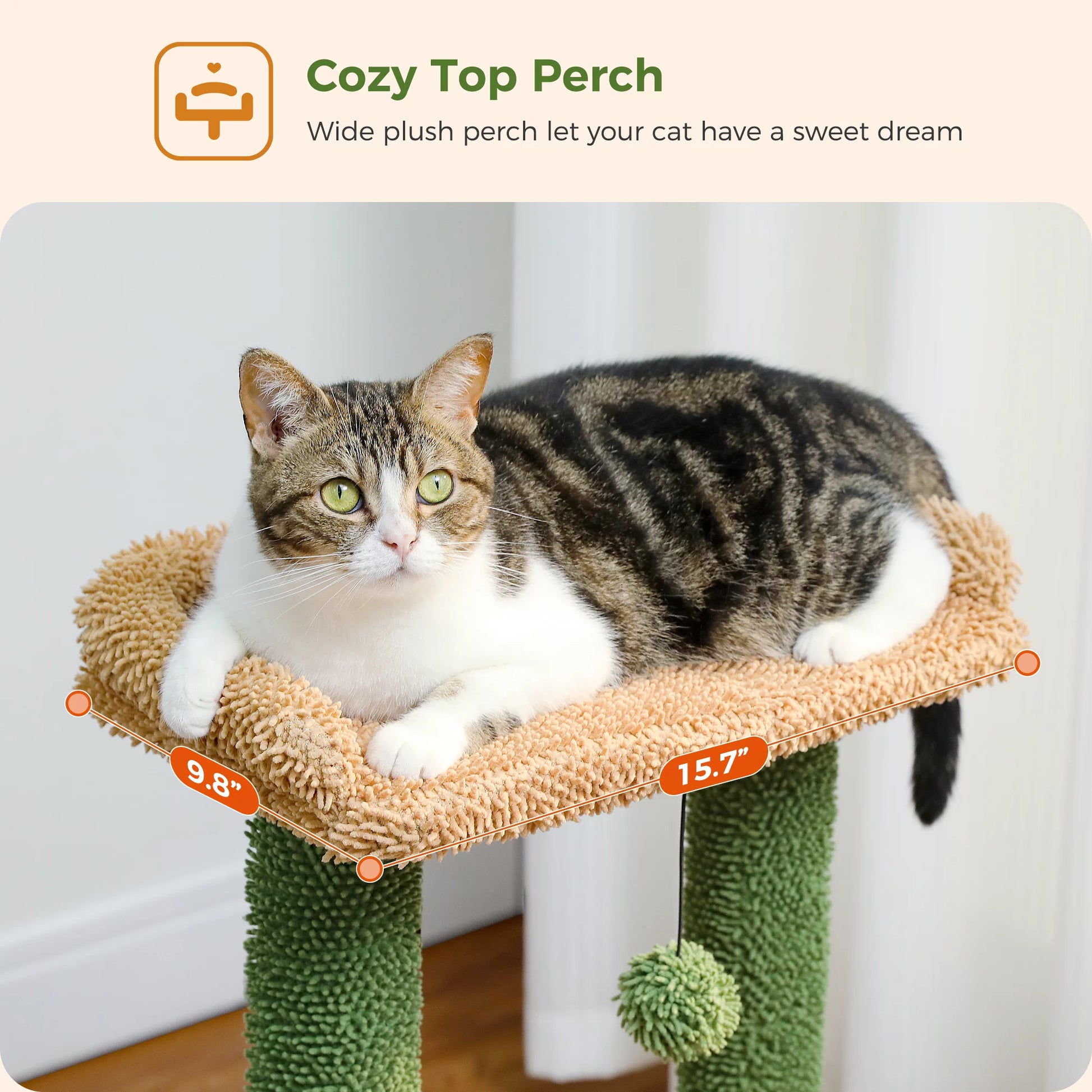 Cat Tree 33" Cute Cactus Cat Scratching Posts Tower with Large Top Perch and Hammock for Medium Indoor Cats, Green