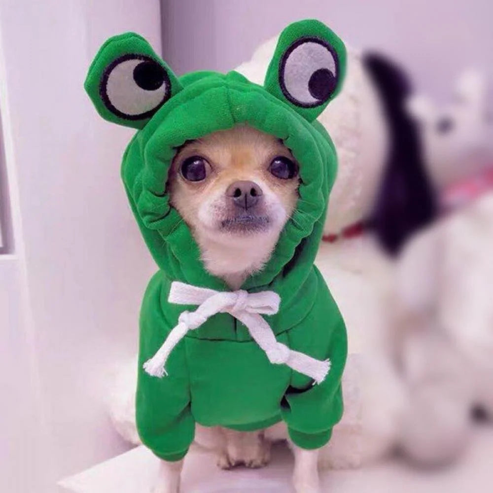 Winter Warm Cute Plush Dog Coat Hoodies for French Bulldog, Pet Halloween Frog Fruit Cosplay Costume for Small Dogs