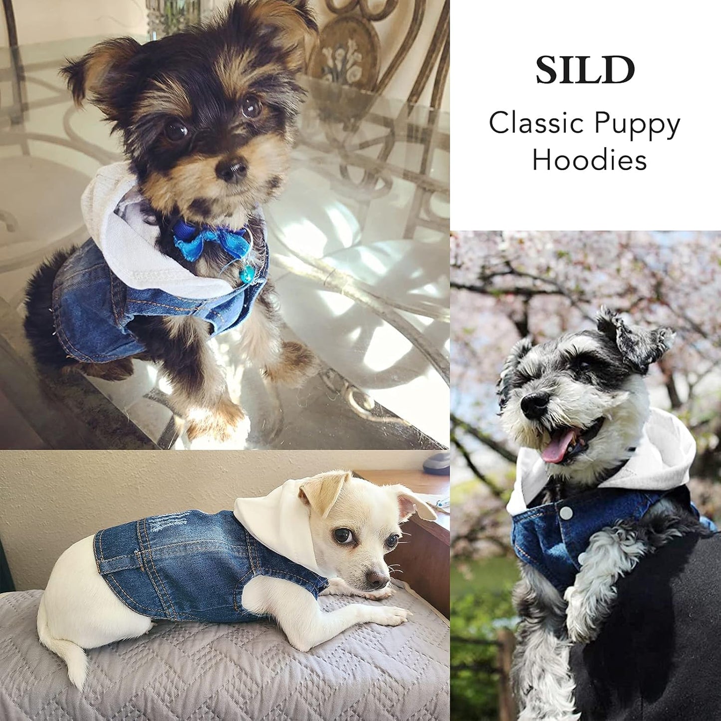 Pet Clothes Dog Jeans Jacket Cool Blue Denim Coat Small Medium Dogs Lapel Vests Classic Hoodies Puppy Blue Vintage Washed Clothes (White,L)