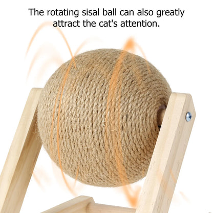 Cat Scratching Ball Natural Sisal Cat Scratcher Toy with Catnip Interactive Solid Wood Scratcher Ball 7X7X6.3 Inch Cat Scratch Post with Rotatable Ball for Indoor Cats and Kitten