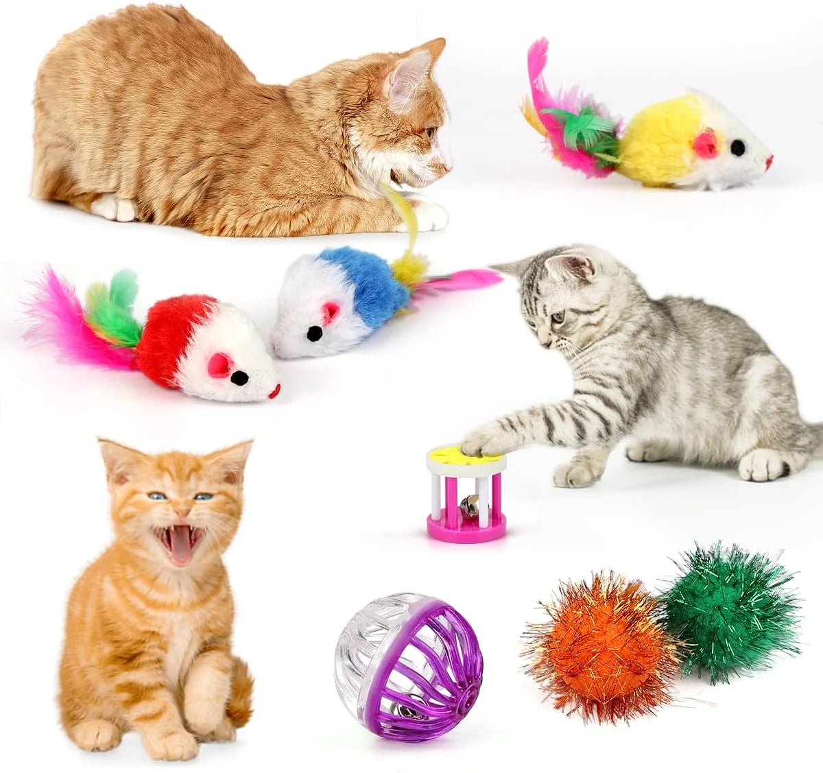 32 Pcs Cat Toys Kitten Toys, Interactive Variety Catnip Toys with Collapsible Rainbow Tunnel, Cat Feather Teaser Crinkle Balls Spring Toy for Cat, Kitty, Puppy