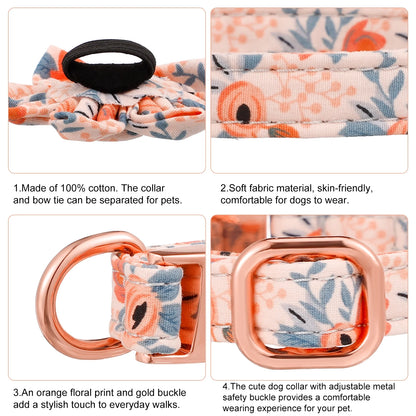 4Pcs 10*16.5In Girl Puppy Collar Leash Set,Floral Leash,Bow Tie,Adjustable Metal Buckle,Flower Collar for Wedding Holiday Birthday Party(Orange-S)