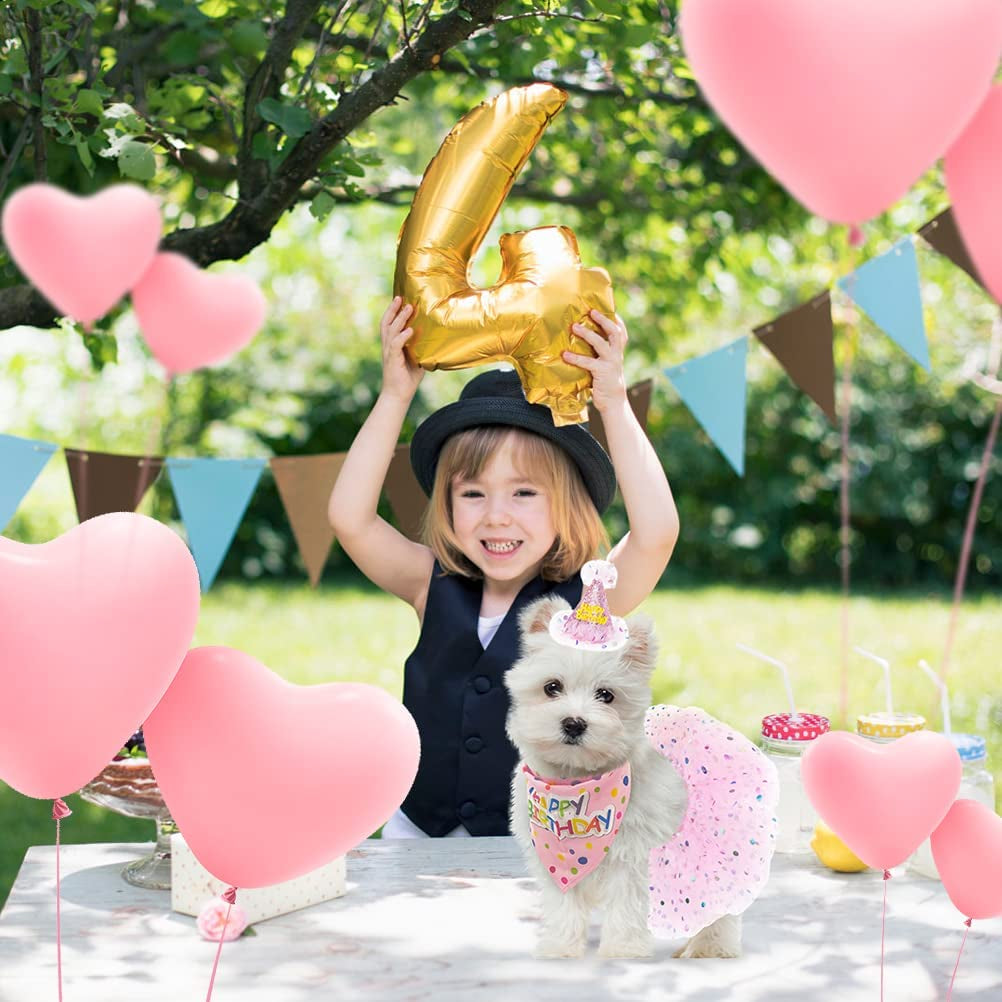 Dog Birthday Bandana with Hat and Dress Girl Set, Puppy Birthday Party Supplies, Cute Pink Tutu Skirt Outfit for Small Medium Large Dogs