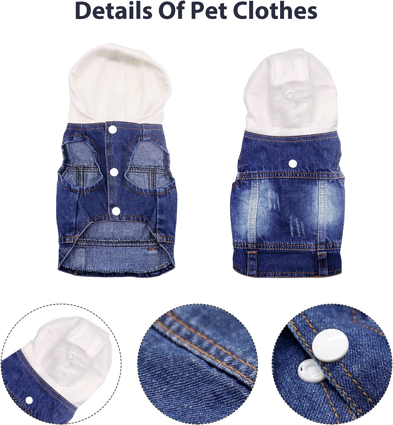 Pet Clothes Dog Jeans Jacket Cool Blue Denim Coat Small Medium Dogs Lapel Vests Classic Hoodies Puppy Blue Vintage Washed Clothes (White,L)