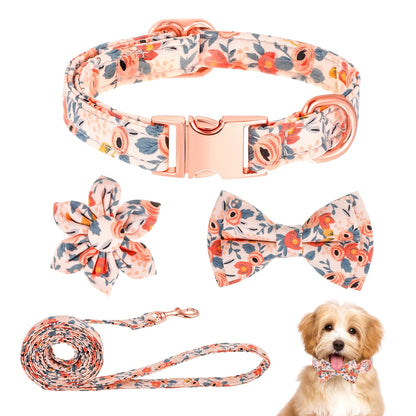 4Pcs 10*16.5In Girl Puppy Collar Leash Set,Floral Leash,Bow Tie,Adjustable Metal Buckle,Flower Collar for Wedding Holiday Birthday Party(Orange-S)