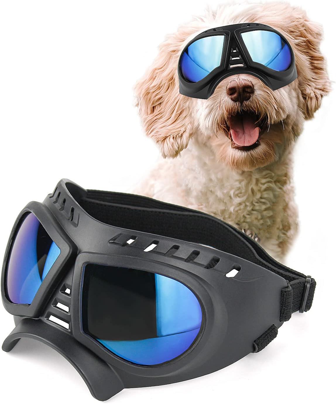 Dog Goggles Medium Breed, Dog Sunglasses for Medium Dog Puppy Sunglasses UV Protection for Dog Driving Hiking, Blue Lens