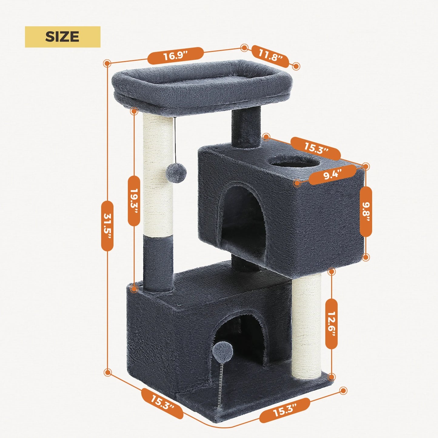 31.5" Cat Tree Cat Tower with Dual Large Condos for Kittens and Medium Size Cats, Drak Gray