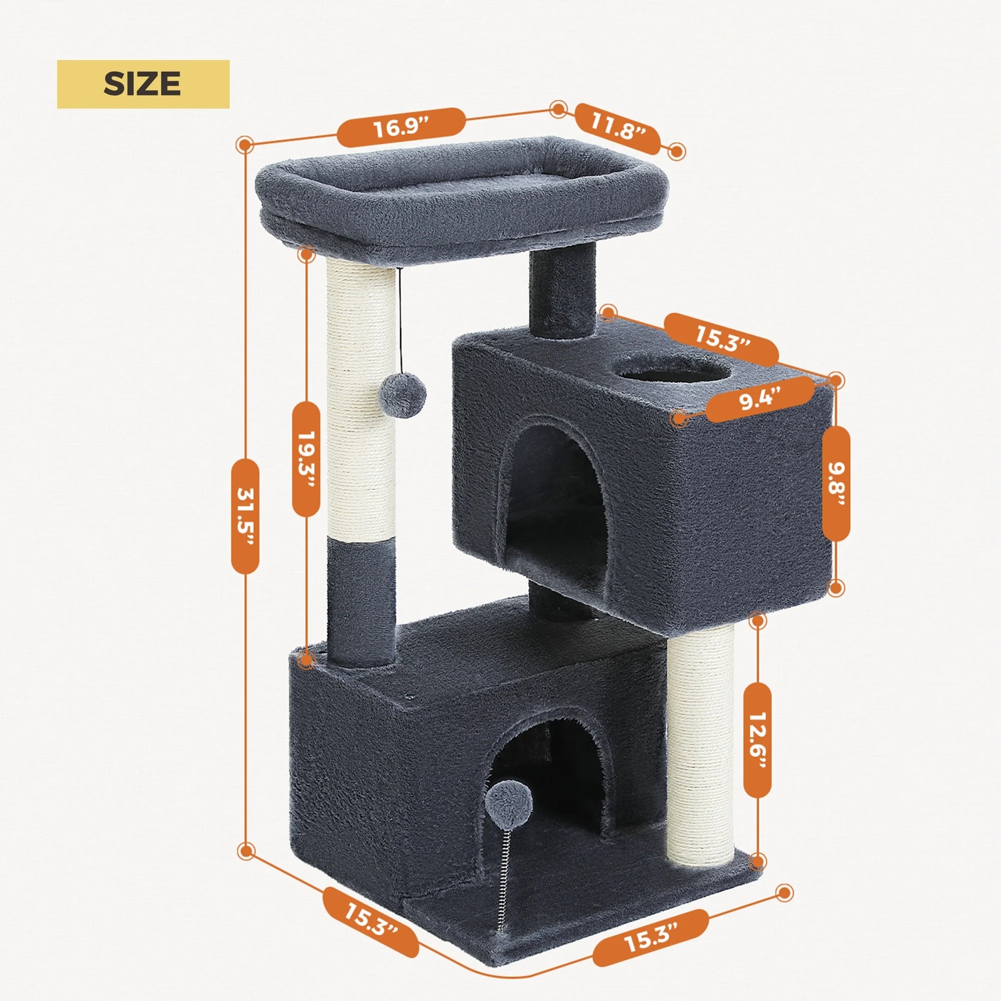 31.5" Cat Tree Cat Tower with Dual Large Condos for Kittens and Medium Size Cats, Drak Gray