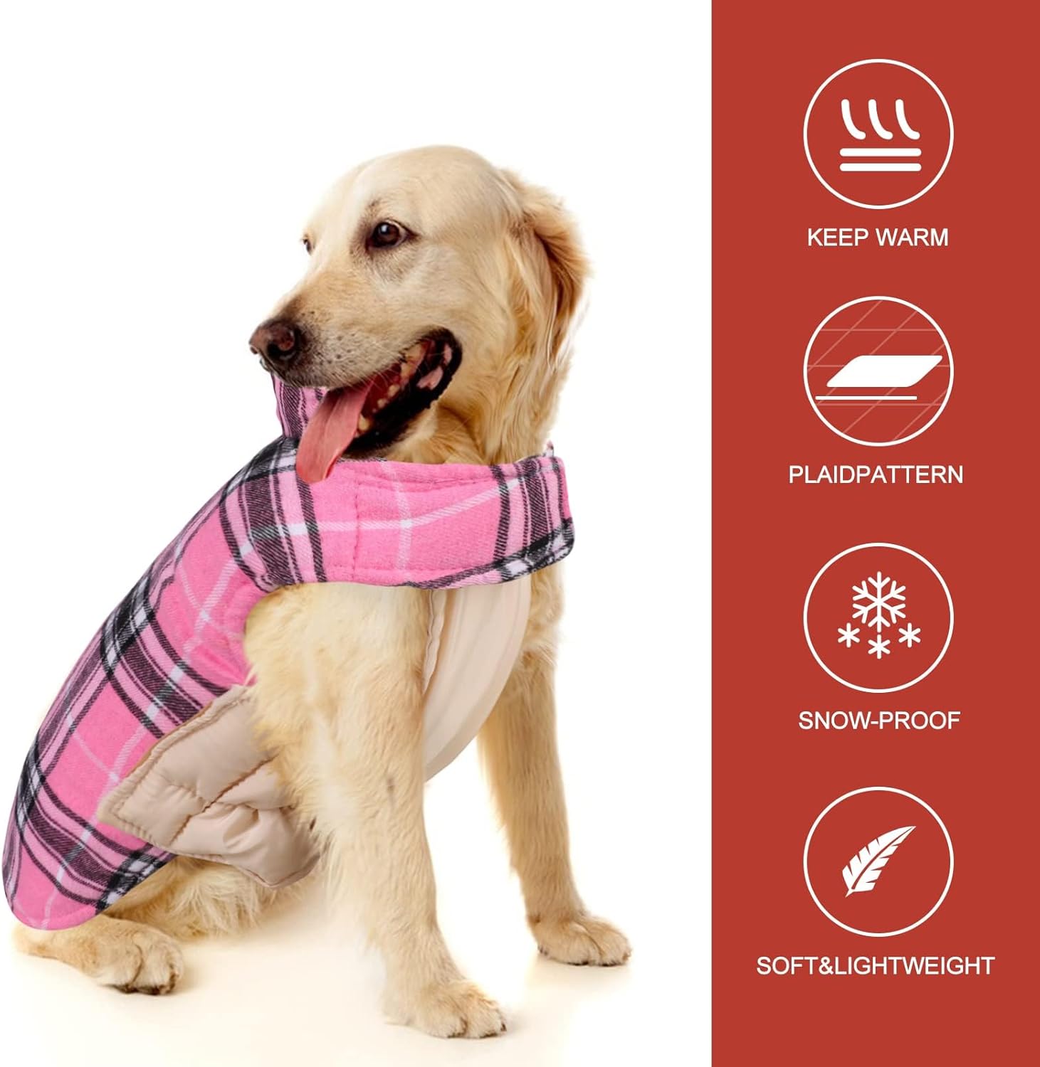 Reversible Dog Coat - Windproof & Waterproof Winter Jacket, British Style Plaid, Warm Dog Vest for Small to Large Dogs