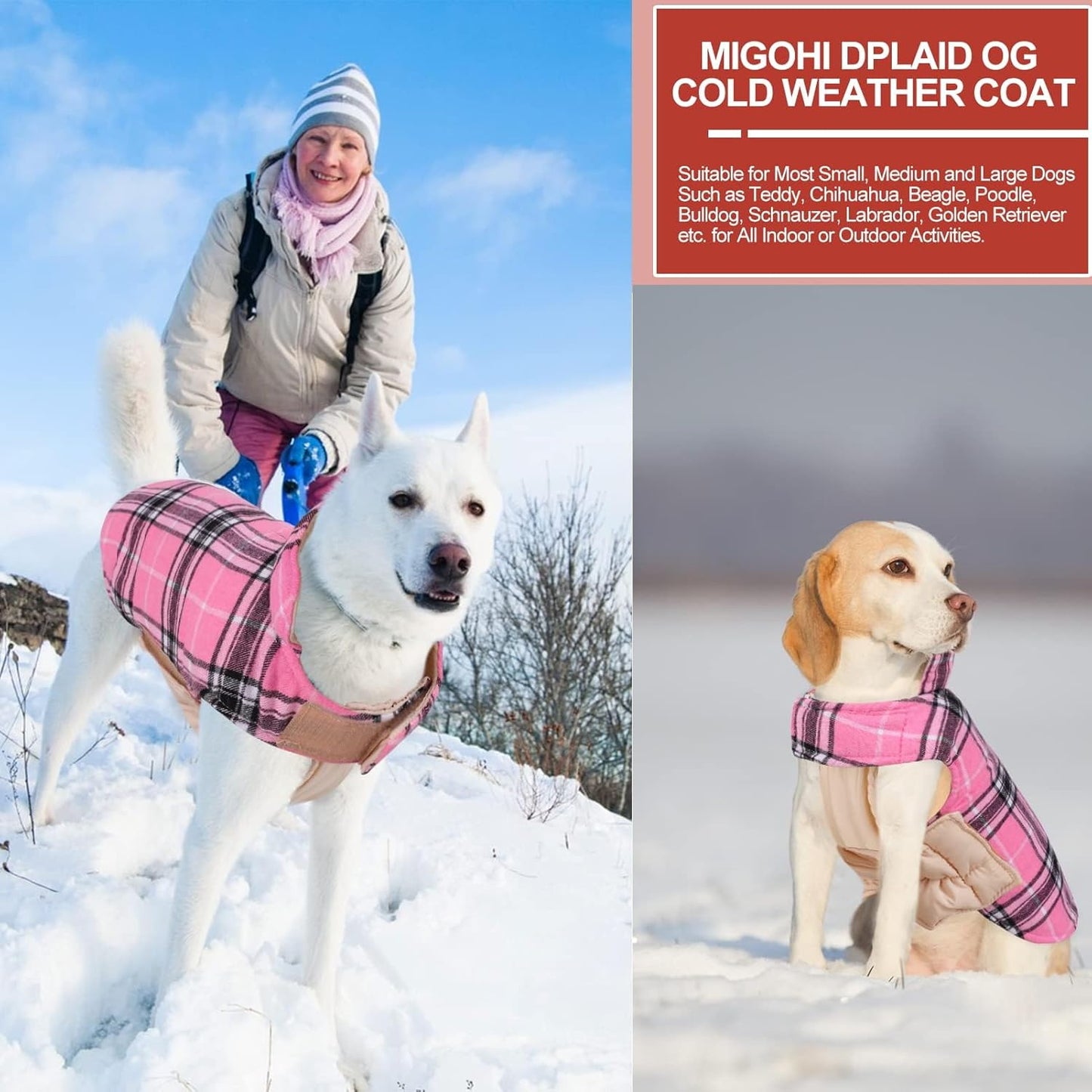 Reversible Dog Coat - Windproof & Waterproof Winter Jacket, British Style Plaid, Warm Dog Vest for Small to Large Dogs