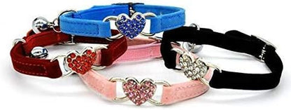 Adjustable Velvet Cat Collar with Crystal Heart Charm & Bells – Pink, Black, Red, Blue