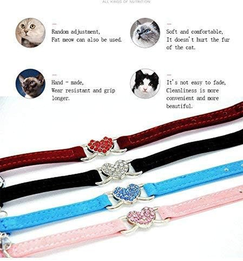 Adjustable Velvet Cat Collar with Crystal Heart Charm & Bells – Pink, Black, Red, Blue