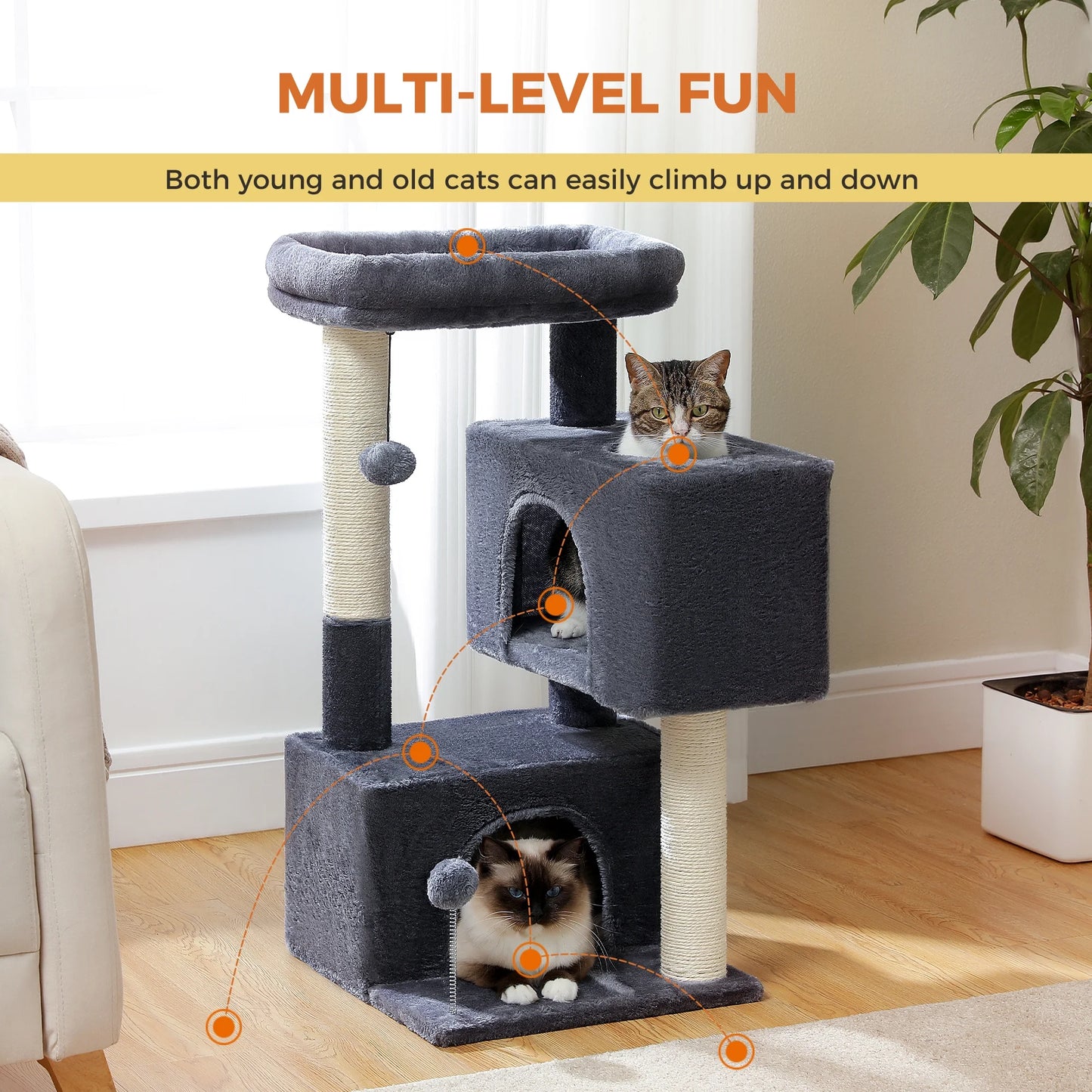 31.5" Cat Tree Cat Tower with Dual Large Condos for Kittens and Medium Size Cats, Drak Gray