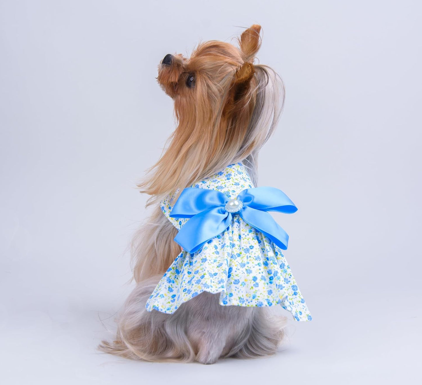 Floral Print Dog Dress with Satin Bow and Pearl for Small Dogs Girl, Cat Apparel,Blue, X-Small