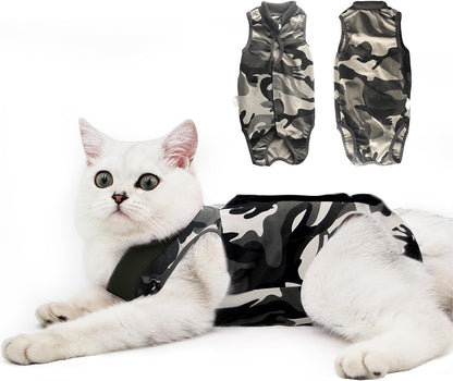 Cat Recovery Suit for Male and Female Surgical Post Surgery Soft Cone Onesie Shirt Clothes Neuter Licking Protective Diapers Outfit Cover Kitten Spay Collar(S, Camouflage)