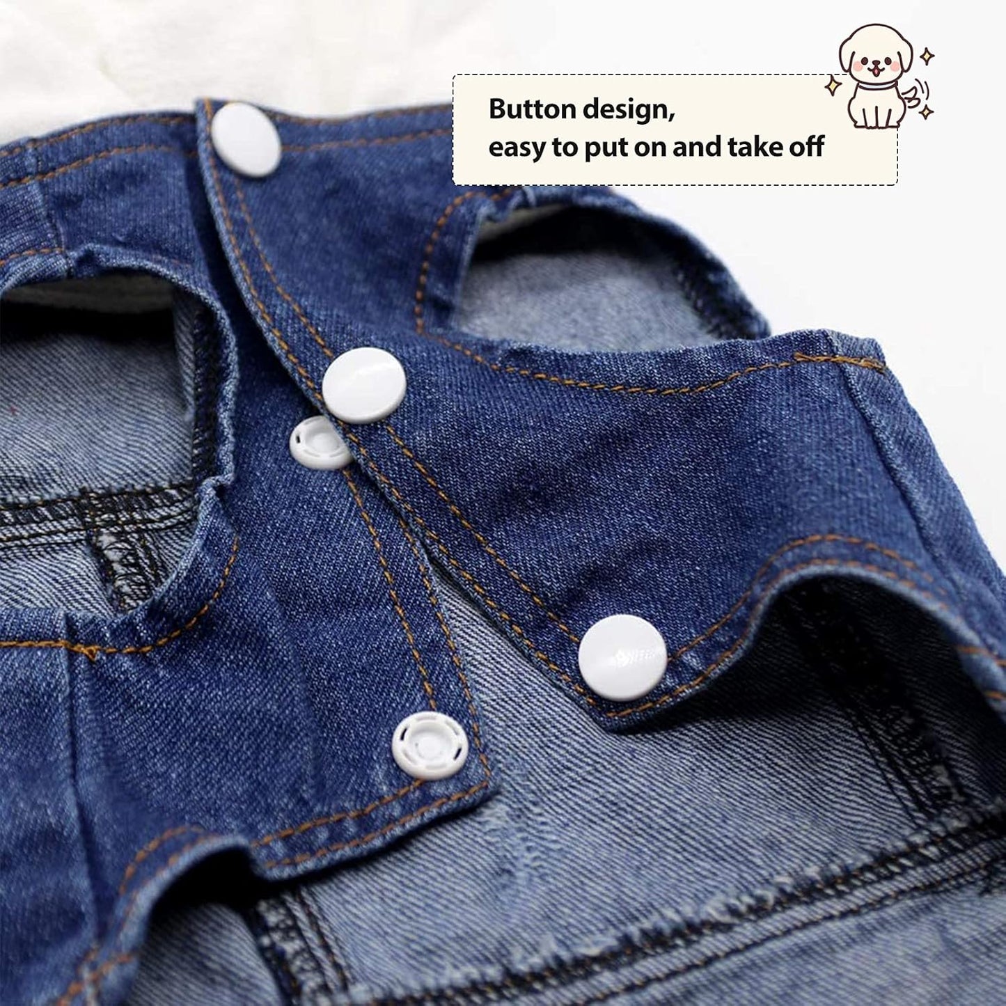 Pet Clothes Dog Jeans Jacket Cool Blue Denim Coat Small Medium Dogs Lapel Vests Classic Hoodies Puppy Blue Vintage Washed Clothes (White,L)