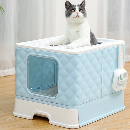 Covered Cat Litter Box Large Cat Toilet Box Drawer Type Easy to Clean,Blue