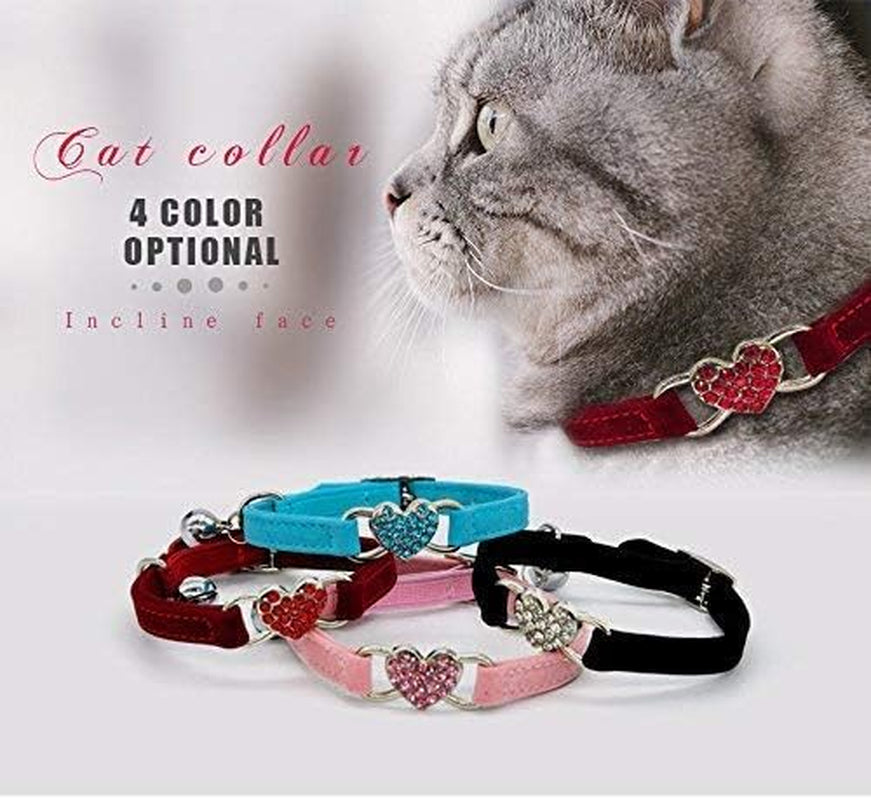 Adjustable Velvet Cat Collar with Crystal Heart Charm & Bells – Pink, Black, Red, Blue