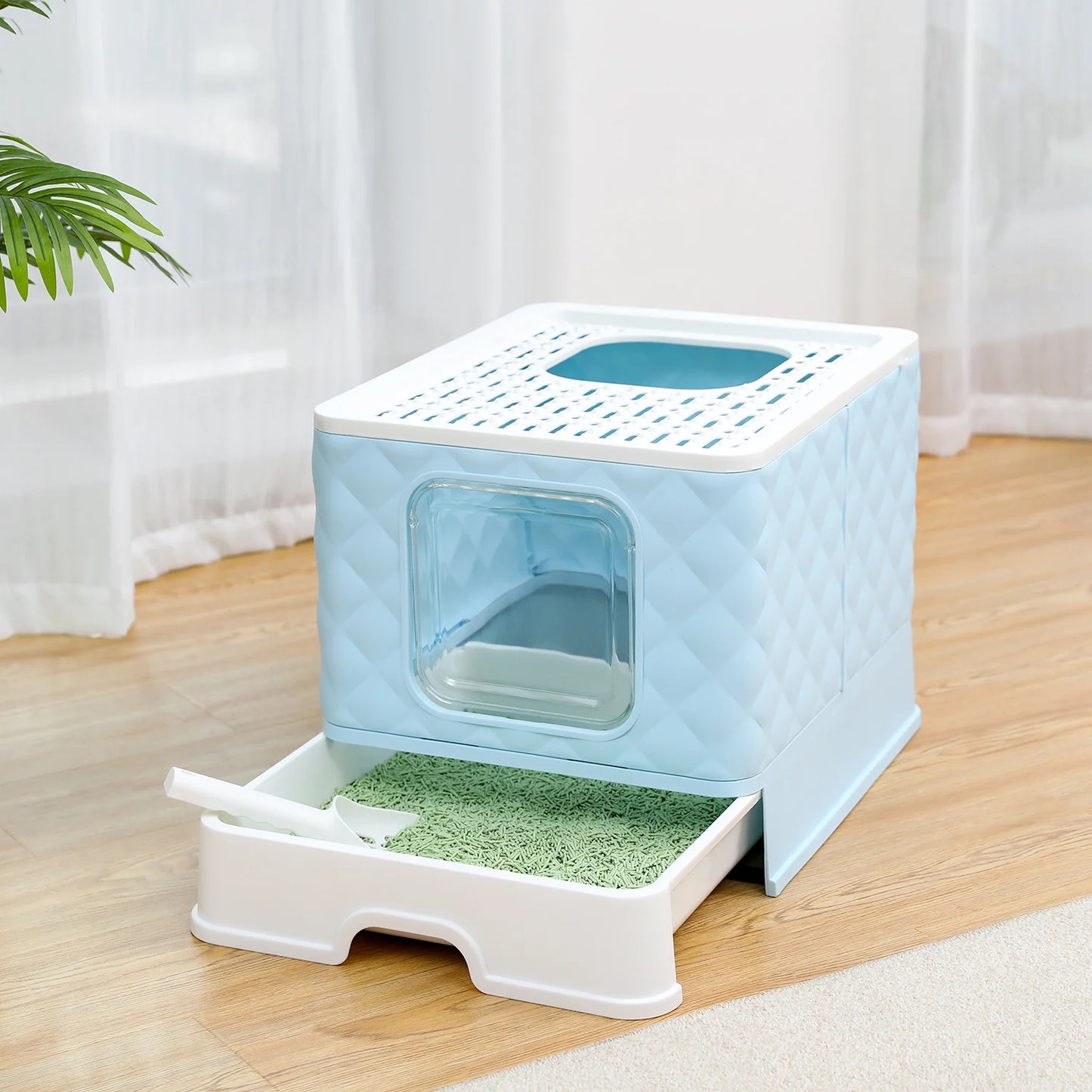 Covered Cat Litter Box Large Cat Toilet Box Drawer Type Easy to Clean,Blue