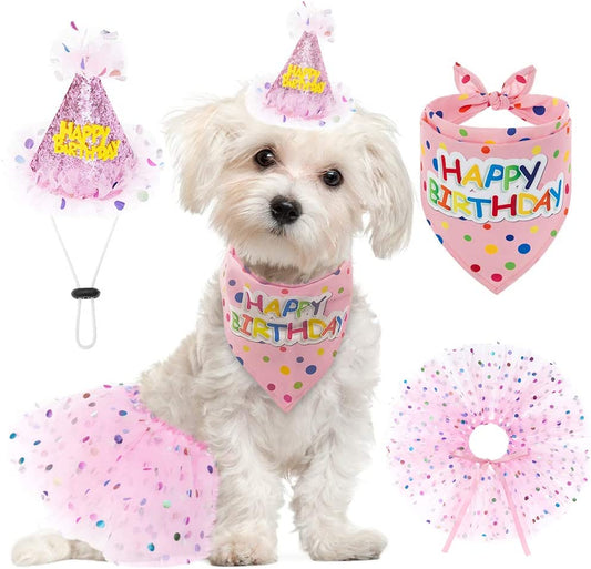 Dog Birthday Bandana with Hat and Dress Girl Set, Puppy Birthday Party Supplies, Cute Pink Tutu Skirt Outfit for Small Medium Large Dogs