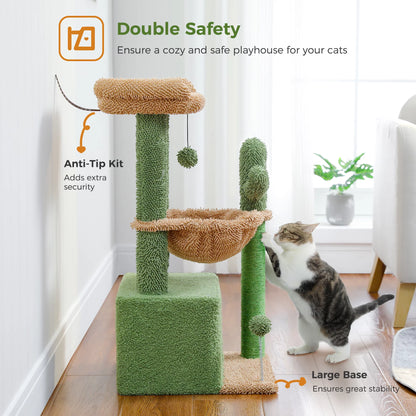 Cat Tree 33" Cute Cactus Cat Scratching Posts Tower with Large Top Perch and Hammock for Medium Indoor Cats, Green