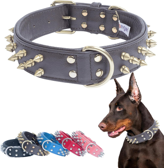 - Amsterdam Spiked Dog Collar, Genuine Leather Dog Collar for Large Dogs to Extra Large Dogs, Water-Resistant, Thick Dog Collar with D-Ring, Chocolate Brown Collar, 22 X 1.5 Inches